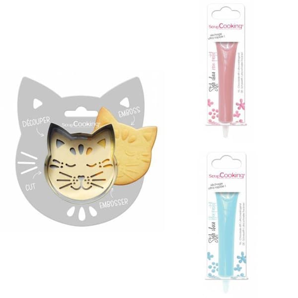 Cat Relief Cookie Kit + 2 pastellrosa och pastellblå chokladpennor