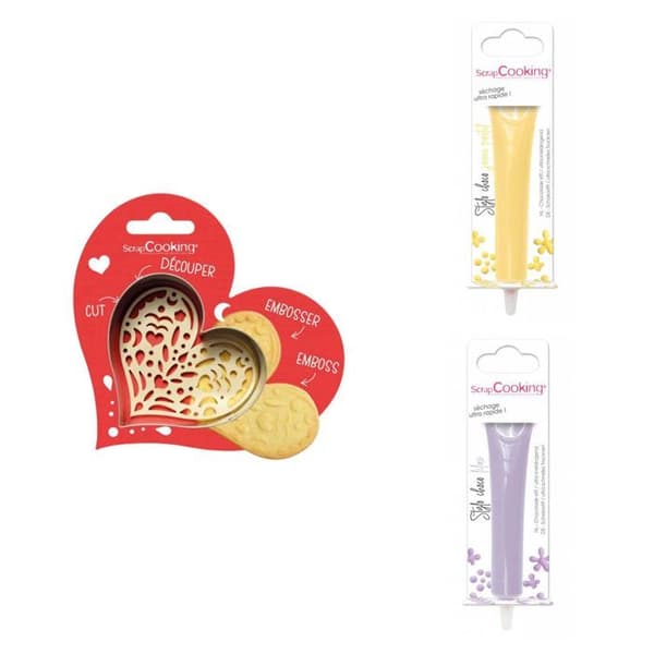 Kit för kaka i relief Heart + 2 pastellgul och lila chokladpennor
