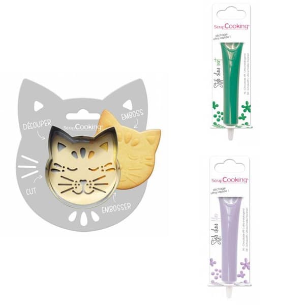 Kattpräglat kakkit + 2 gröna och lila chokladpennor
