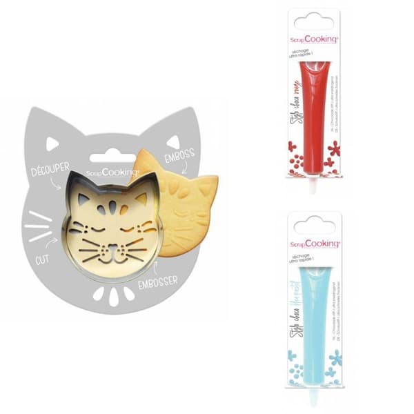 Cat Relief Cookie Kit + 2 pastellröda och blå chokladpennor