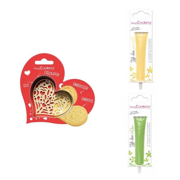 Kit för kaka i relief Hjärta + 2 pastellgula och ljusgröna chokladpennor