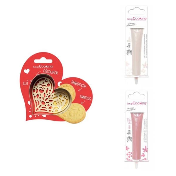 Kit för kex i relief Hjärta + 2 pennor i vit choklad och pastellrosa