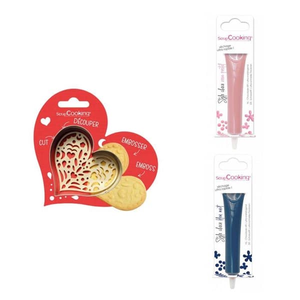 Kit för kaka i relief Heart + 2 pastellrosa och midnattsblå chokladpennor