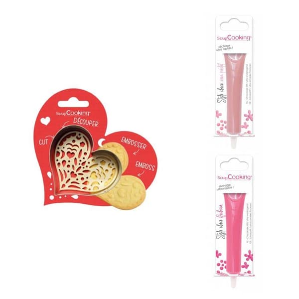 Kit för kaka i relief Heart + 2 pastellrosa och fuchsia chokladpennor