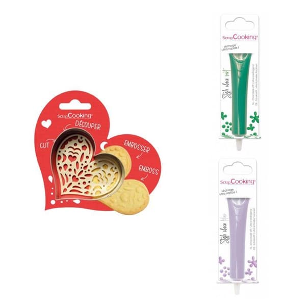 Kit för kaka i relief Hjärta + 2 gröna och lila chokladpennor