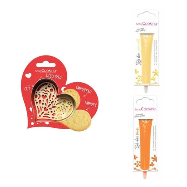 Kit för kaka i relief Heart + 2 pastellgul och orange chokladpennor