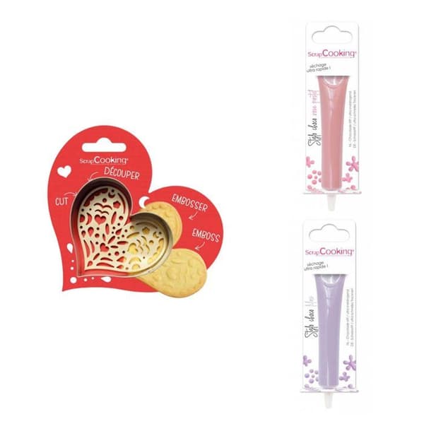 Kit för kaka i relief Heart + 2 pastellrosa och lila chokladpennor