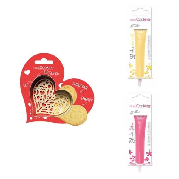 Kit för kaka i relief Heart + 2 pastellgul och fuchsia chokladpennor