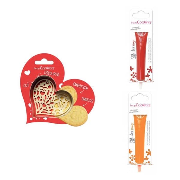 Kit för kex i relief Hjärta + 2 pennor med röd och apelsinchoklad