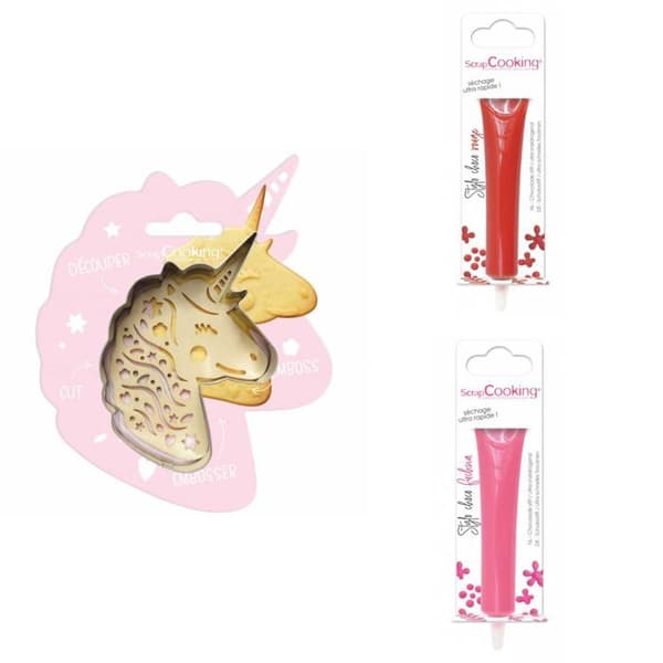 Kit för enhörningspräglad kaka + 2 röda och fuchsia chokladpennor