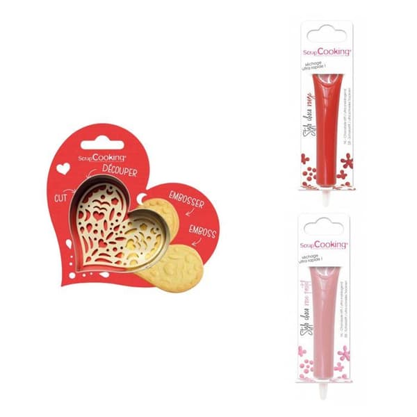 Kit för kex i relief Hjärta + 2 pennor i chokladröd och pastellrosa