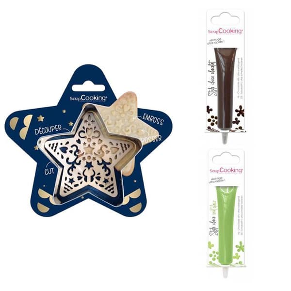 Kit för präglad kakstjärna + 2 bruna och ljusgröna chokladpennor