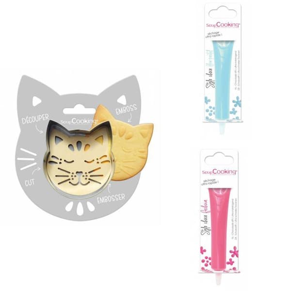 Cat Relief Cookie Kit + 2 Pastellblå och Fuchsia chokladpennor