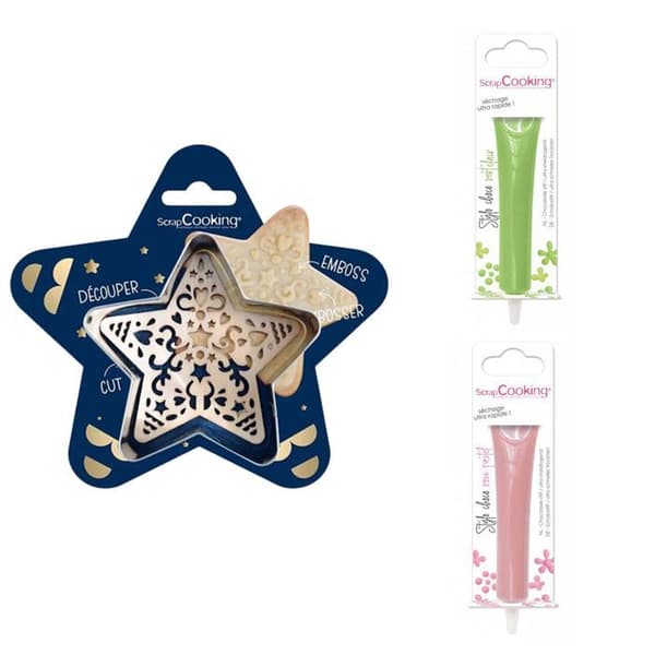 Kit för kex i relief Star + 2 pennor i ljusgrön och pastellrosa choklad
