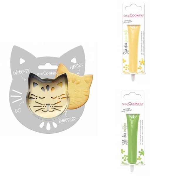 Cat Relief Cookie Kit + 2 pastellgula och ljusgröna chokladpennor