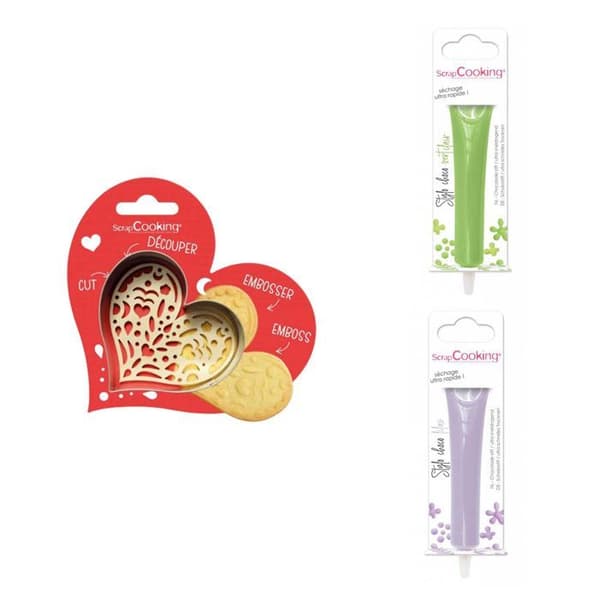 Kit för kex i relief Hjärta + 2 pennor i ljusgrön och lila choklad