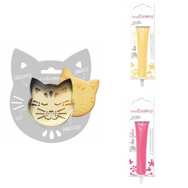 Kattpräglat kakkit + 2 chokladpennor i pastellgul och fuchsia