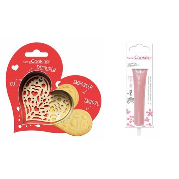 Kit för präglad kakhjärta + pastellrosa chokladpenna