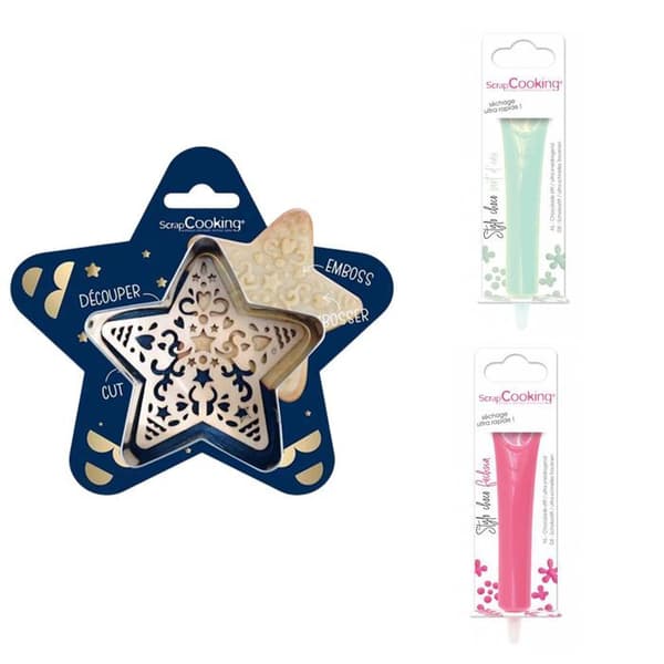 Kit för präglad kaka Star + 2 vattengröna och fuchsia chokladpennor