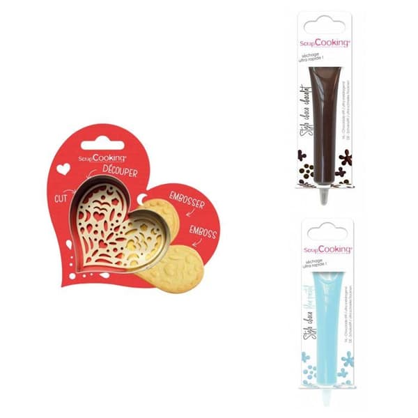 Kit för kex i relief Hjärta + 2 pennor i chokladbrunt och pastellblått