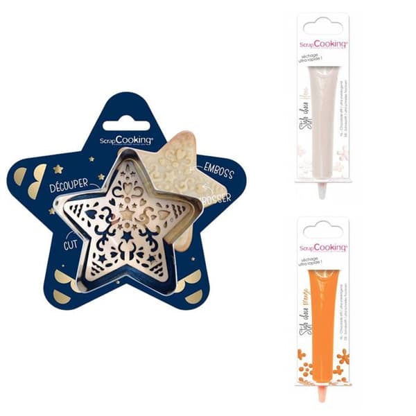 Kit för präglad kakstjärna + 2 chokladpennor för vit och orange