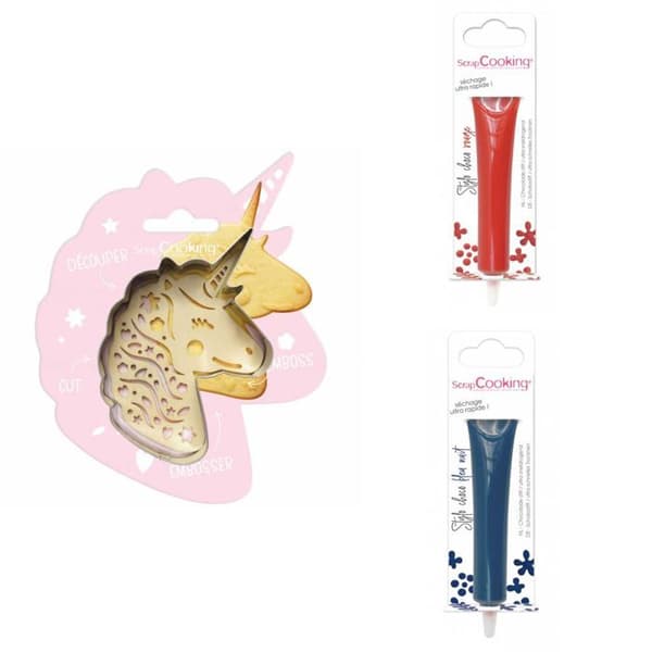 Unicorn präglad kaka-kit + 2 röda och midnattsblå chokladpennor