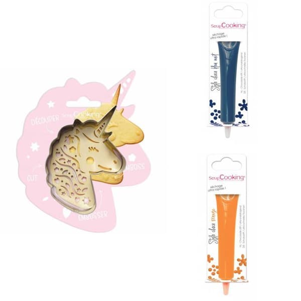 Unicorn präglad kakkit + 2 midnattsblå och orange chokladpennor