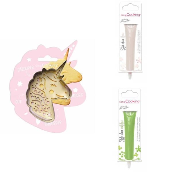 Unicorn präglad cookie kit + 2 vita och ljusgröna chokladpennor