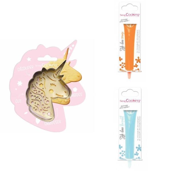 Unicorn präglad kakkit + 2 pastellfärgade apelsin- och blåchokladpennor