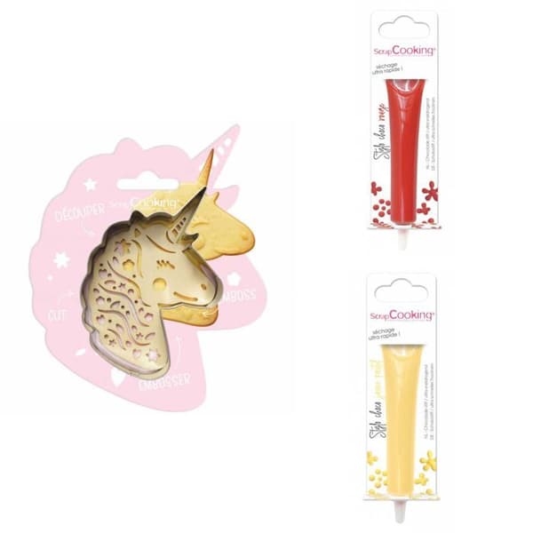 Unicorn Relief Cookie Kit + 2 pastellröda och gula chokladpennor