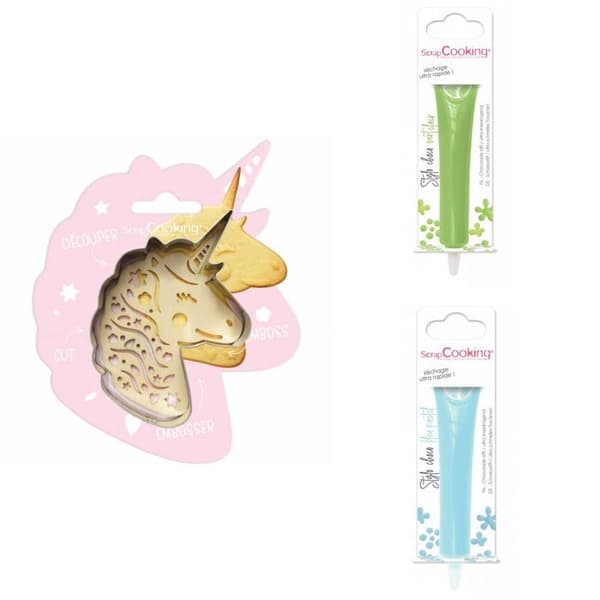 Unicorn Relief Cookie Kit + 2 ljusgröna och pastellblå chokladpennor