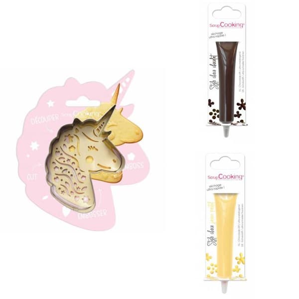 Unicorn präglad kaka-kit + 2 pastellbruna och gula chokladpennor
