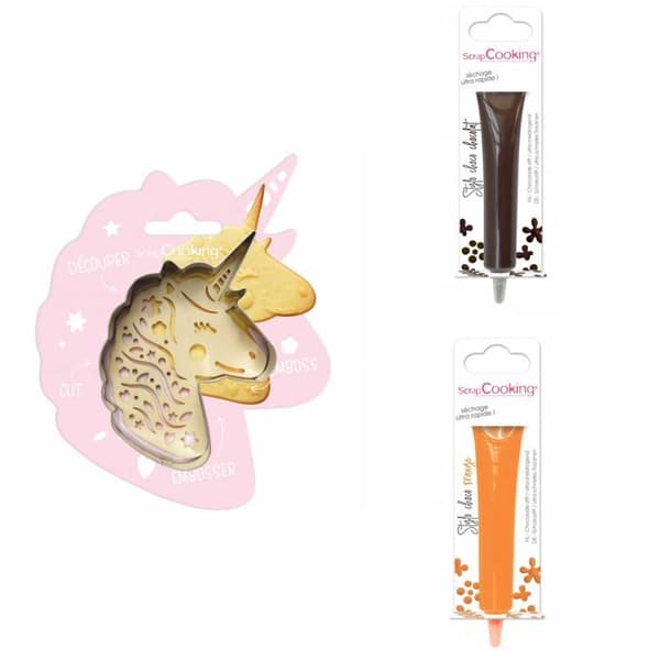 Unicorn präglad kakkit + 2 bruna och orange chokladpennor