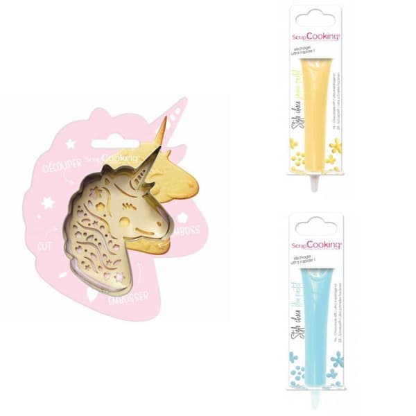 Unicorn Relief Cookie Kit + 2 pastellgul och pastellblå chokladpennor