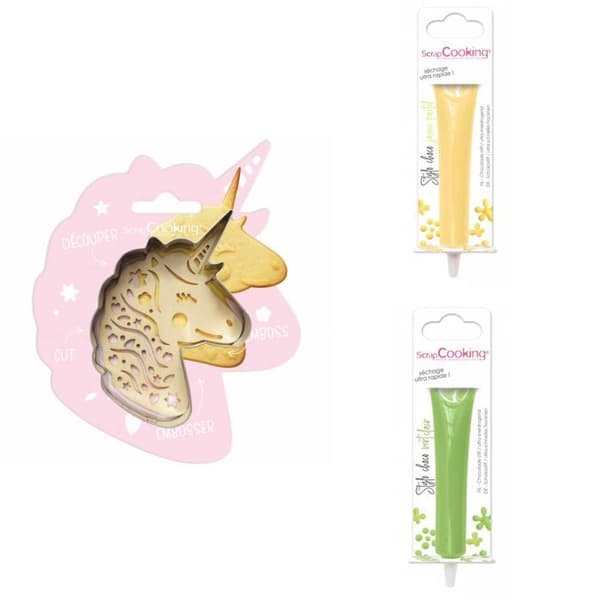 Unicorn Relief Cookie Kit + 2 pastellgula och ljusgröna chokladpennor