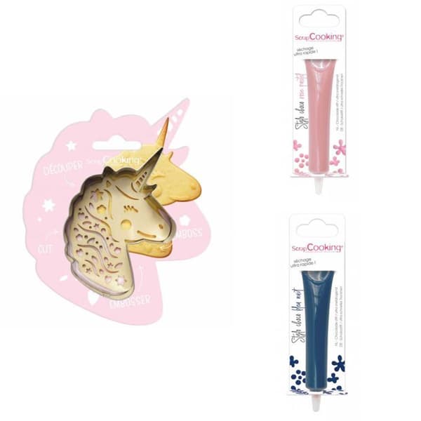 Unicorn präglad kakkit + 2 pastellrosa och midnattsblå chokladpennor