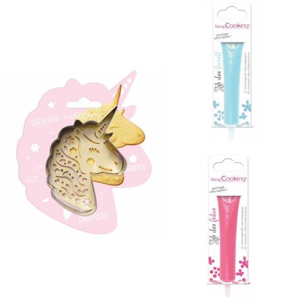 Unicorn präglad kaka-kit + 2 pastellblå och fuchsia chokladpennor