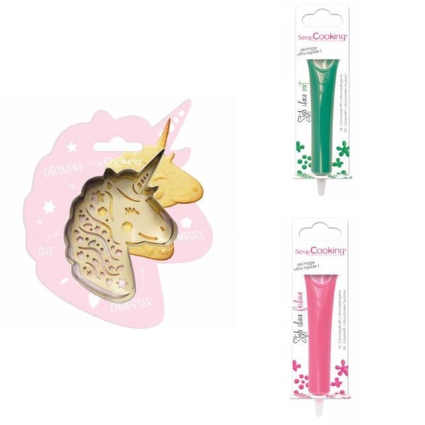 Unicorn Relief Cookie Kit + 2 gröna och Fuchsia chokladpennor