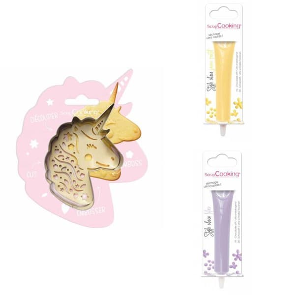 Unicorn präglad kakkit + 2 pastellgula och lila chokladpennor