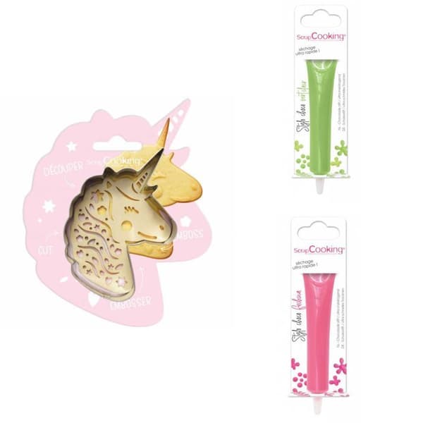 Unicorn präglad kaka-kit + 2 ljusgröna och fuchsia chokladpennor
