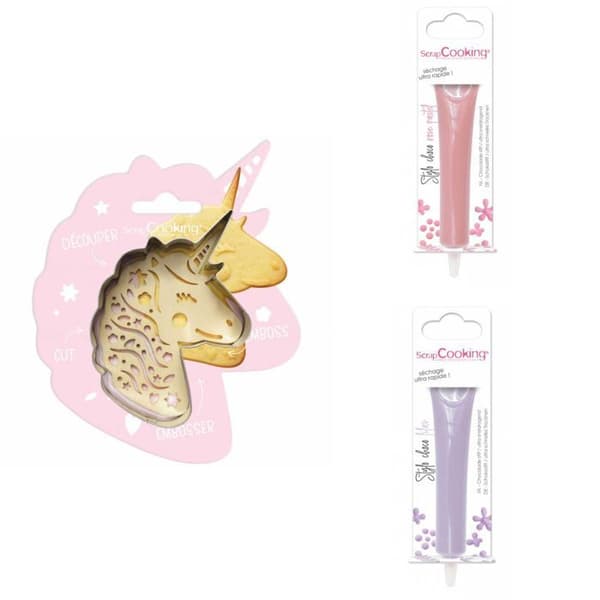 Unicorn Relief Cookie Kit + 2 pastellrosa och lila chokladpennor