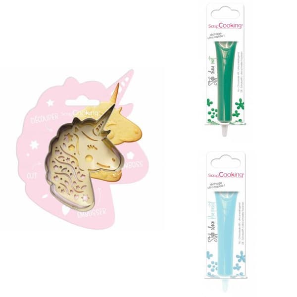 Unicorn Relief Cookie Kit + 2 pastellgröna och blå chokladpennor