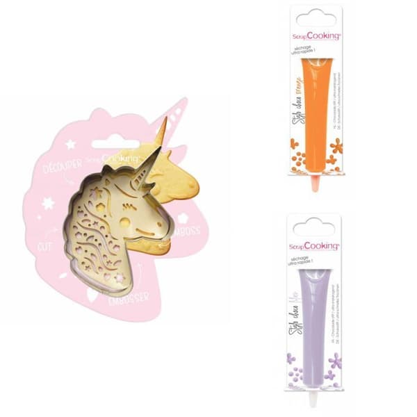 Unicorn Relief Cookie Kit + 2 apelsin- och lilachokladpennor