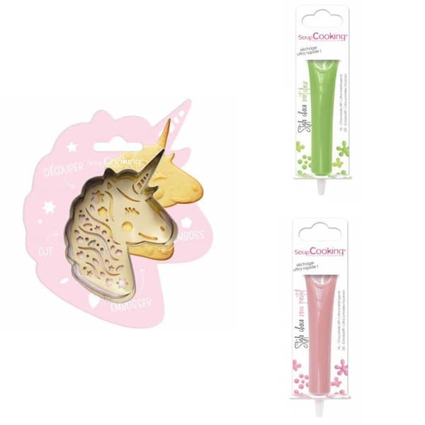 Unicorn Relief Cookie Kit + 2 ljusgröna och pastellrosa chokladpennor