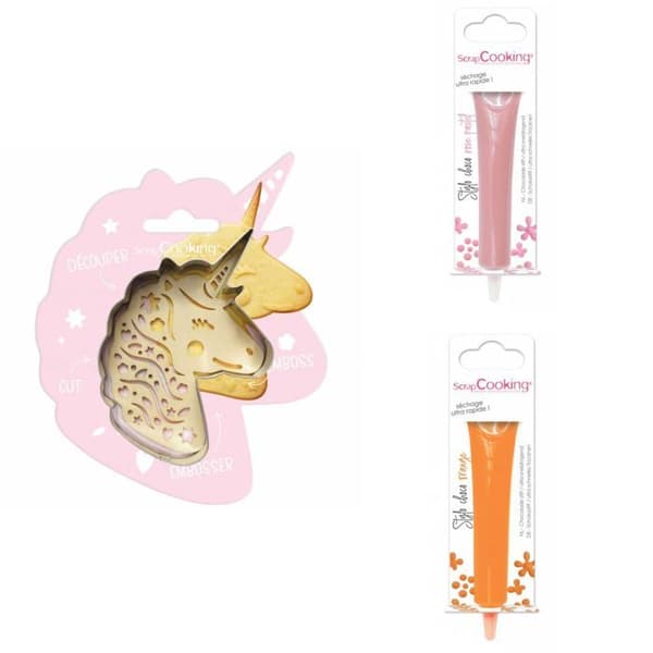 Unicorn Relief Cookie Kit + 2 pastellrosa och orange chokladpennor