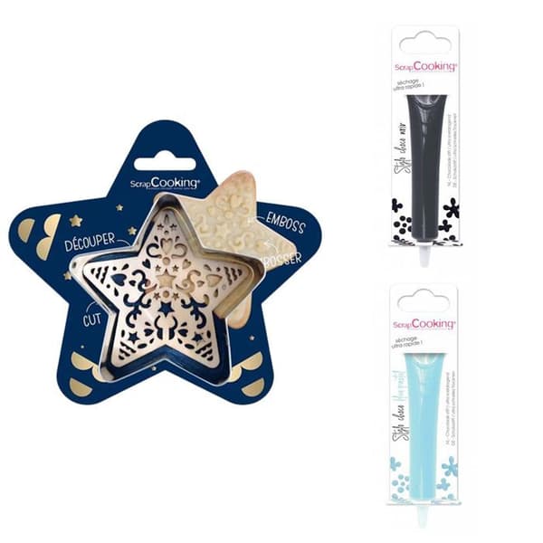 Kit för kex i relief Star + 2 pennor i mörk choklad och pastellblått
