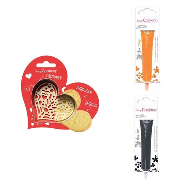 Kit för kex i relief Hjärta + 2 pennor med apelsin och mörk choklad