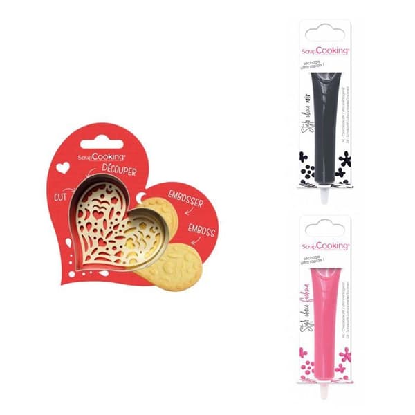 Kit för kex i relief Hjärta + 2 pennor i mörk choklad och fuchsia