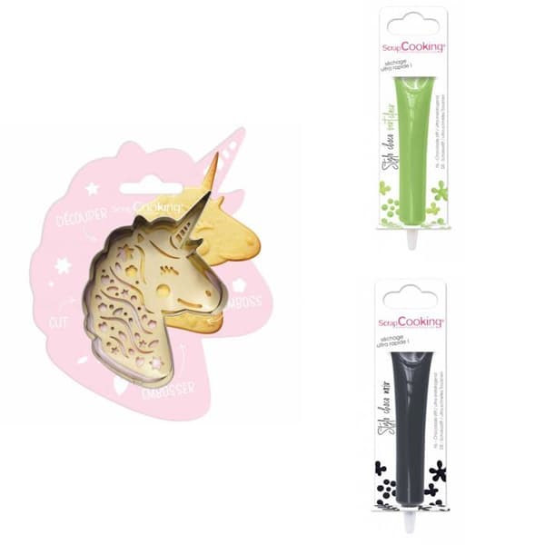 Unicorn präglad cookie kit + 2 ljusgröna och mörk choklad pennor