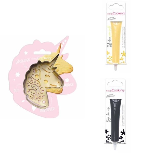 Unicorn Relief Cookie Kit + 2 pastellgula och svarta chokladpennor
